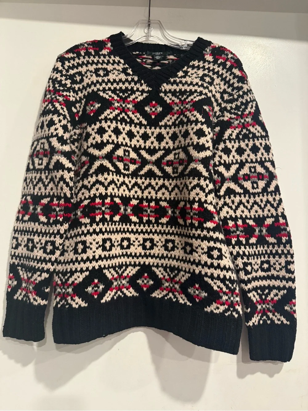 J.Crew Handknit 100% Lambswool Fair Isle V-Neck Sweater Small